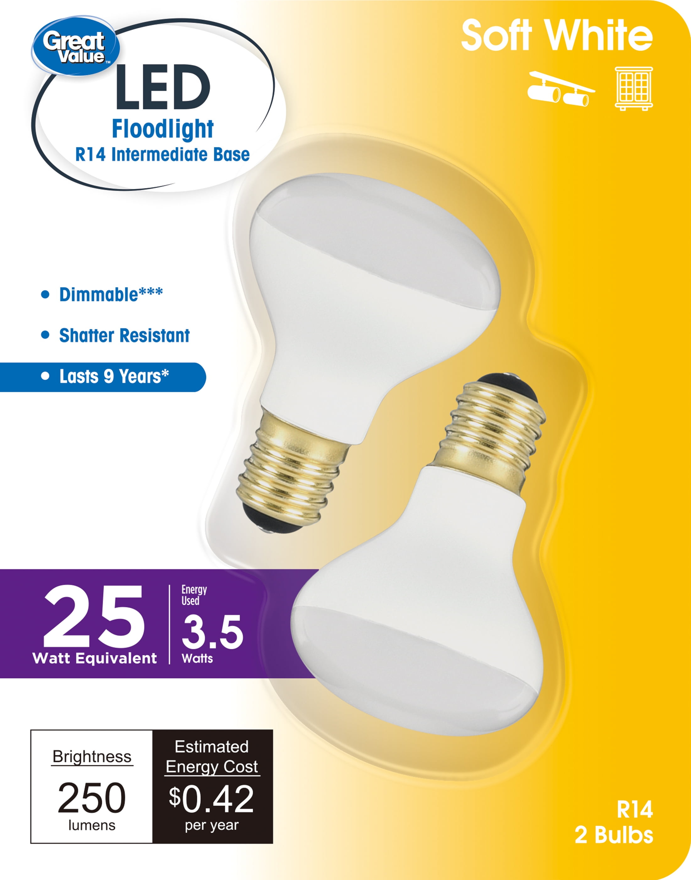 Great Value Dimmable R14 LED Directional Floodlight, 3.5W (25W Equivalent) E17 Base, Soft White 2 PK