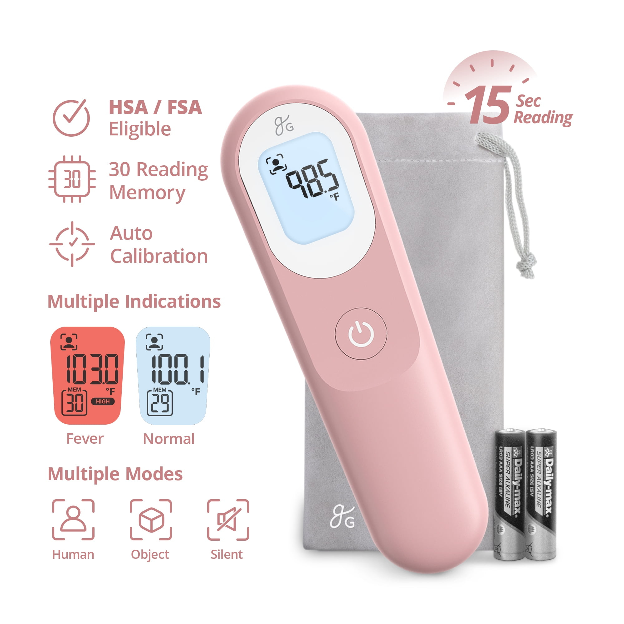 Greater Goods Digital Infrared Forehead Thermometer, Kids and Adults w Backlit Display, Blush Pink