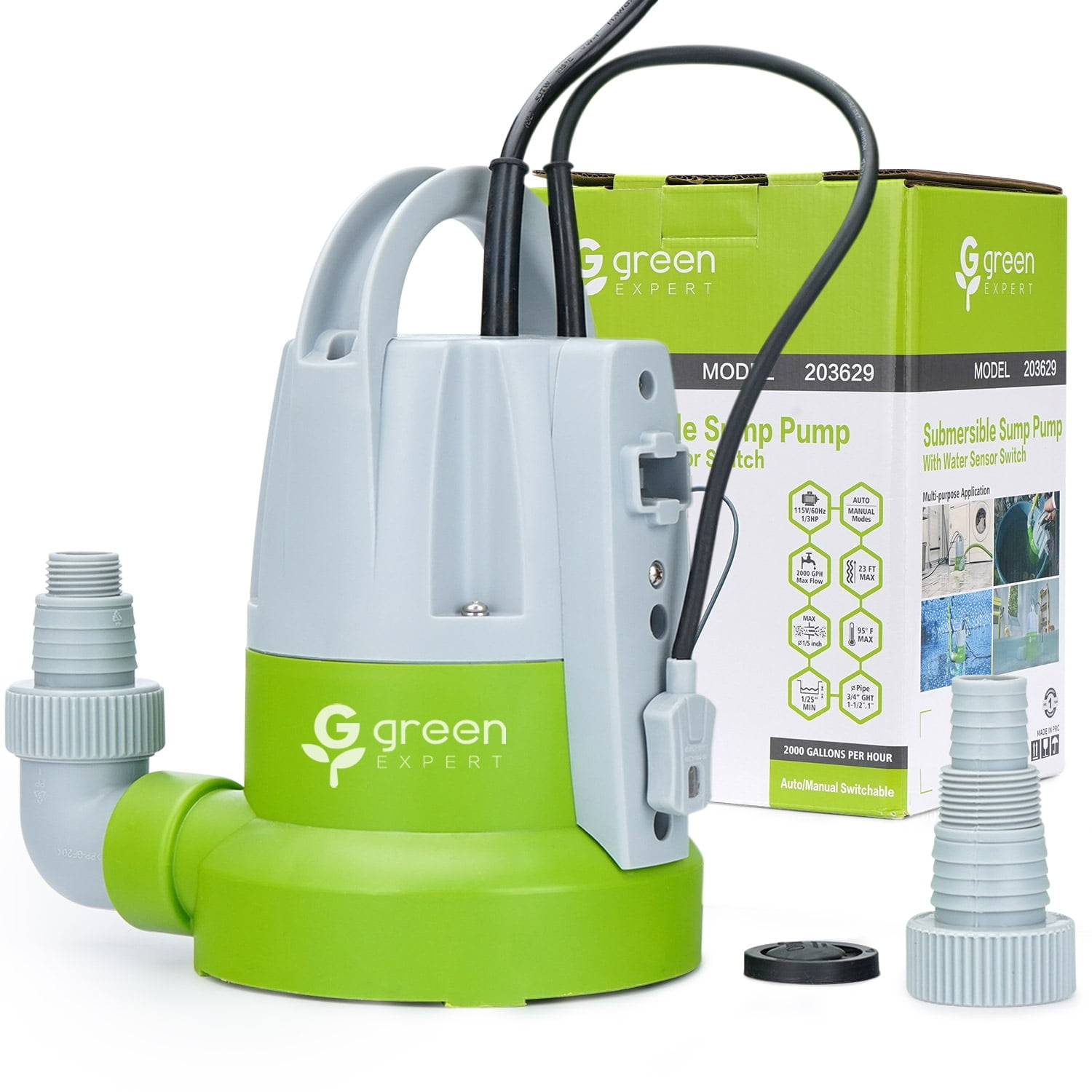 Green Expert 1/3HP Sump Pump Submersible Unique Flow Sensor Switch Last-inch Water Draining Design for Completely Water Removal from Flooded Basement Pools Hot Tub Backyard 25FT Power Cord