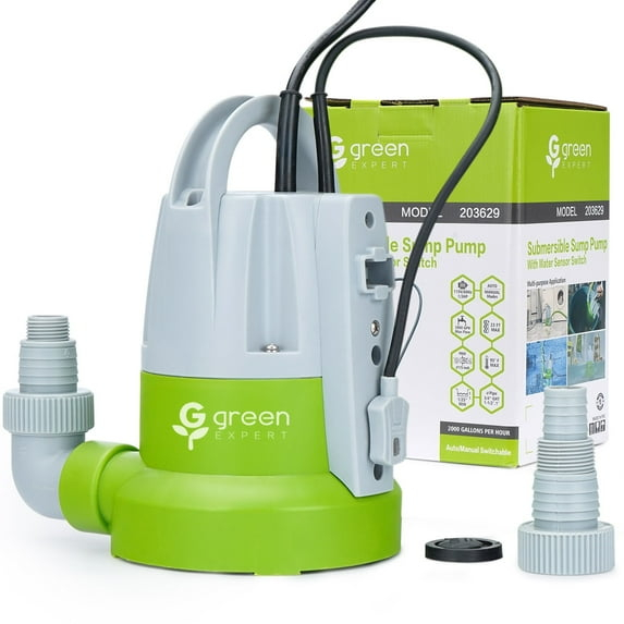 Green Expert 1/3HP Sump Pump Submersible Unique Flow Sensor Switch Last-inch Water Draining Design for Completely Water Removal from Flooded Basement Pools Hot Tub Backyard 25FT Power Cord