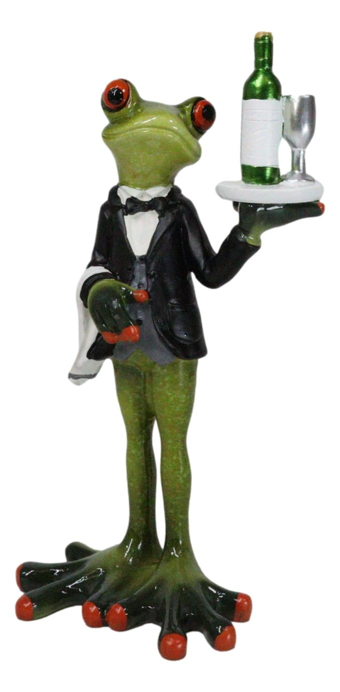 Trinx Green Toad Frog Silver Service Butler With Wine Glass And Bottle Figurine 7"H