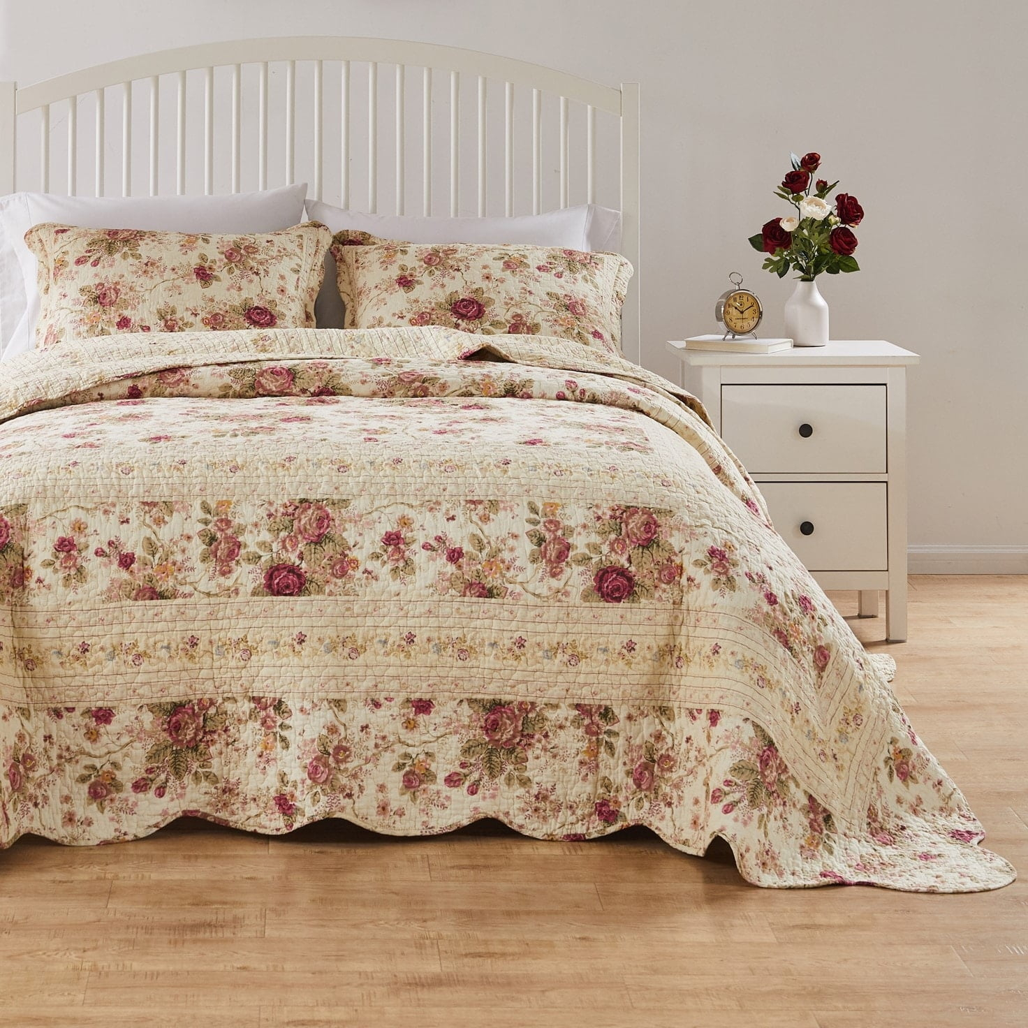 Greenland Home Fashions  Antique Rose All-Cotton Reversible Quilt Set Ecru (3-Piece Set) Oversized Queen 3 Piece