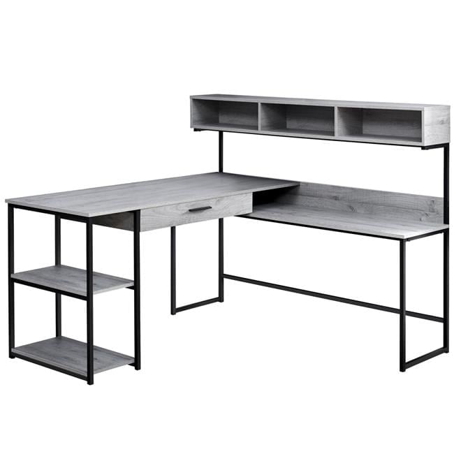 Computer Desk - L-Shaped / Corner / Hutch / 1 Drawer / 2 Shelves / 4 Cubbies / Metal Base - 59"L X 59"W - Grey Wood-Look / Black