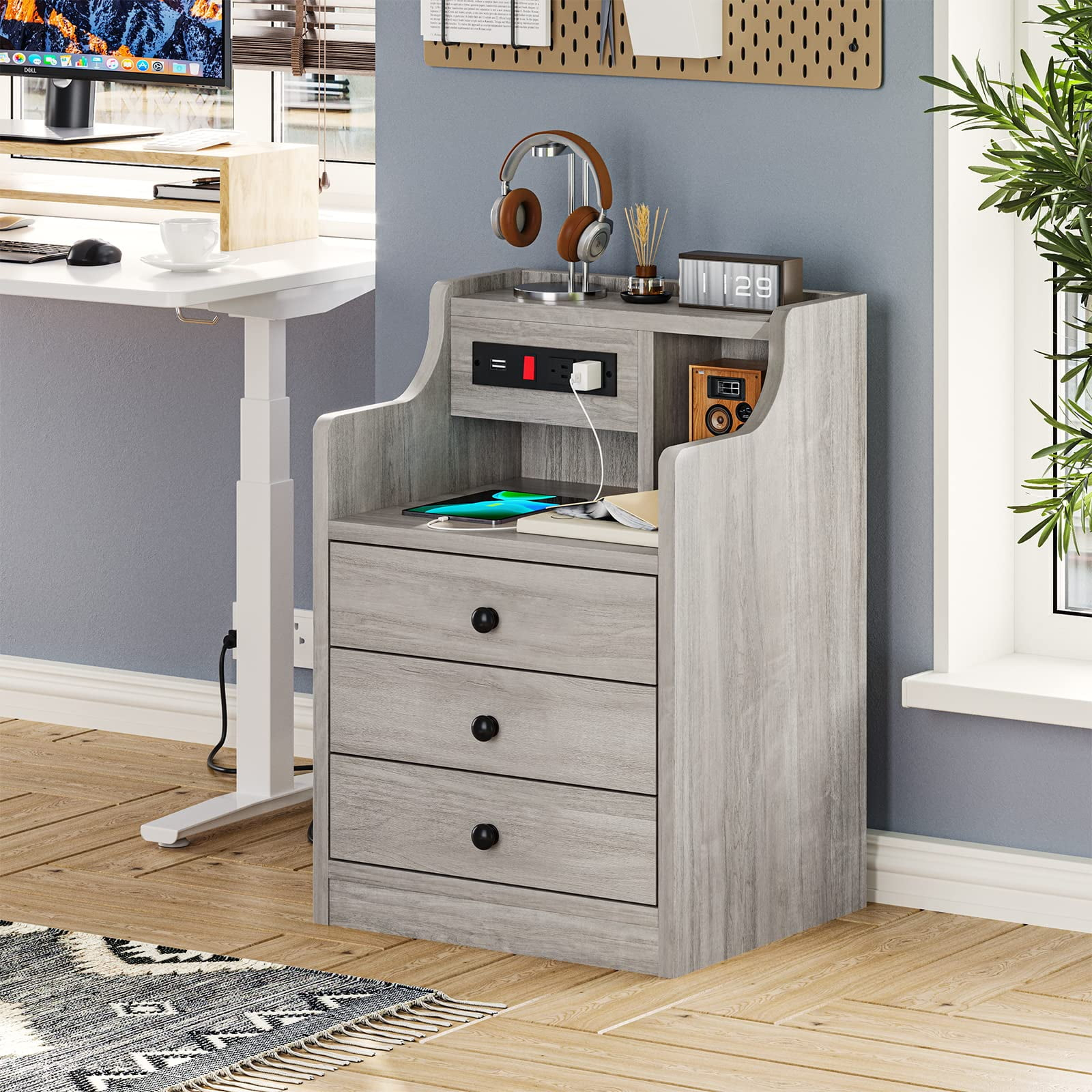 Drevy Nightstand with Charging Station, Night Stand with Hutch & Storage Drawers, End Table Side Table Bedroom,Grey