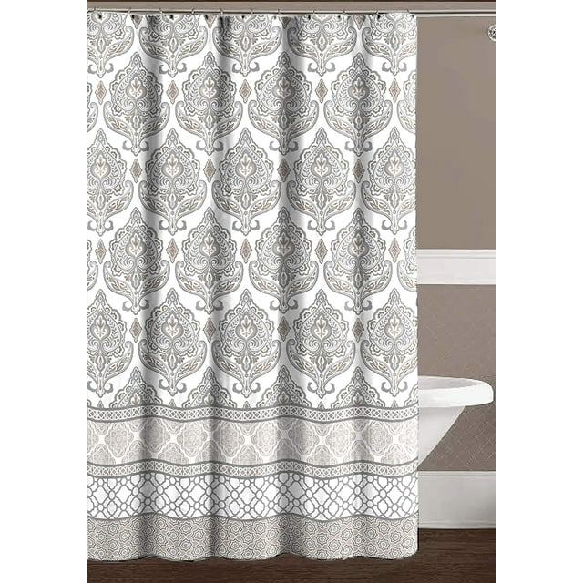 Grey Taupe White Fabric Shower Curtain: Floral Damask with Geometric Border Design (Darian) New Without Packaging 70" x 72" inches.
