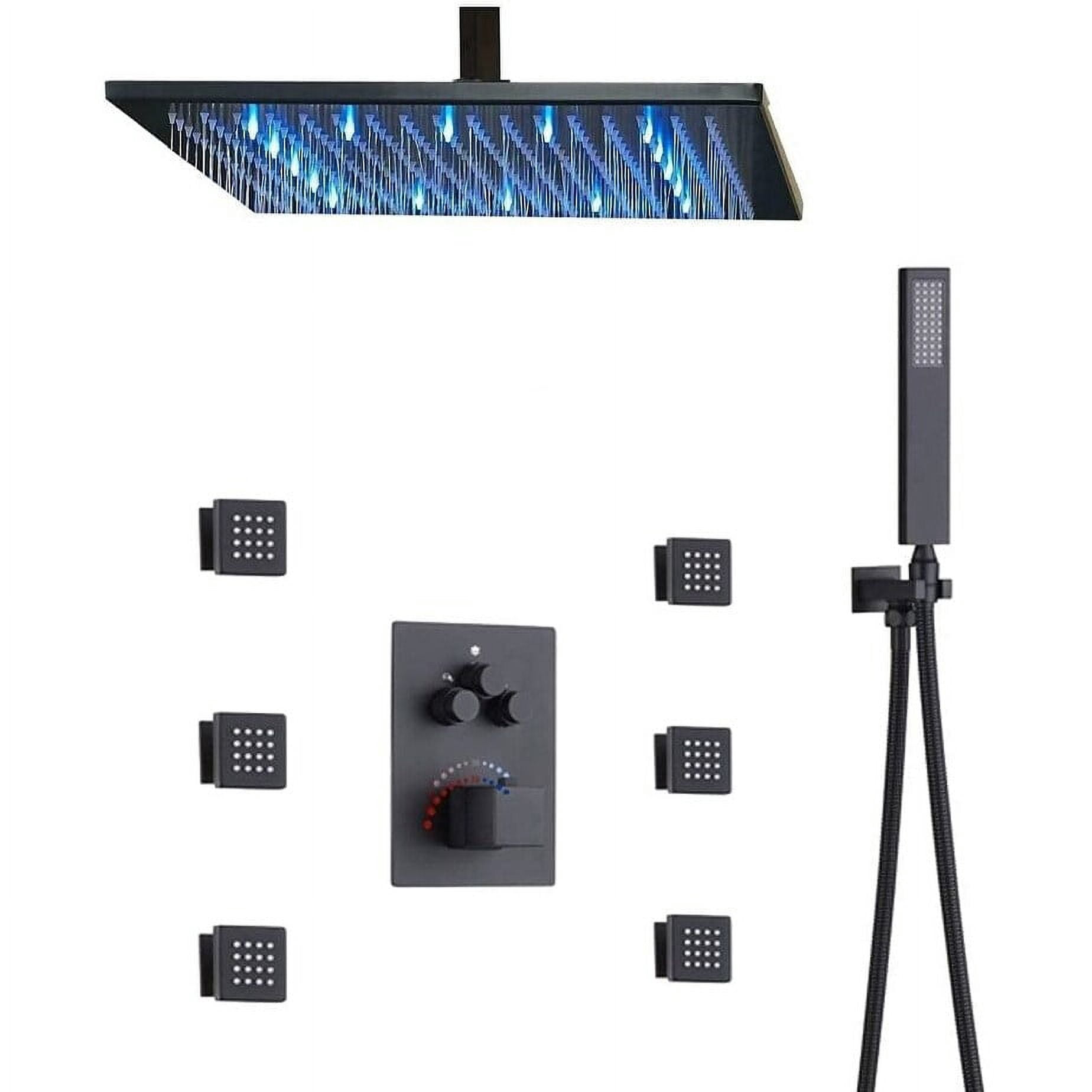 Grolta 12" LED Ceiling Rainfall Shower 3 Way Thermostatic Faucet System w/ 6 Body Jets Matte Black Matte