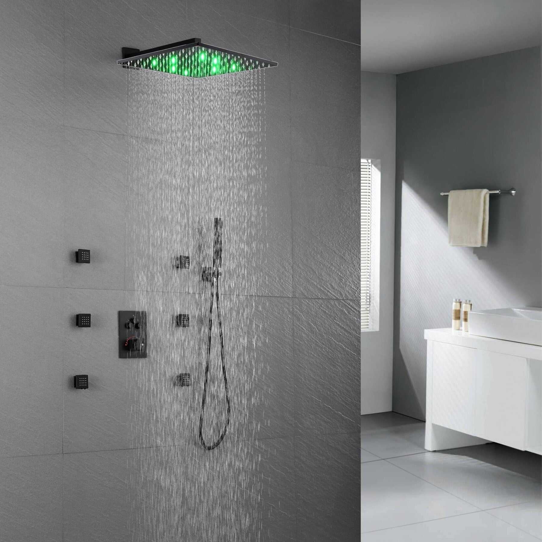 Grolta 12" LED Wall Rainfall Shower 3 Way Thermostatic Faucet System w/ 6 Body Jets Matte Black Matte