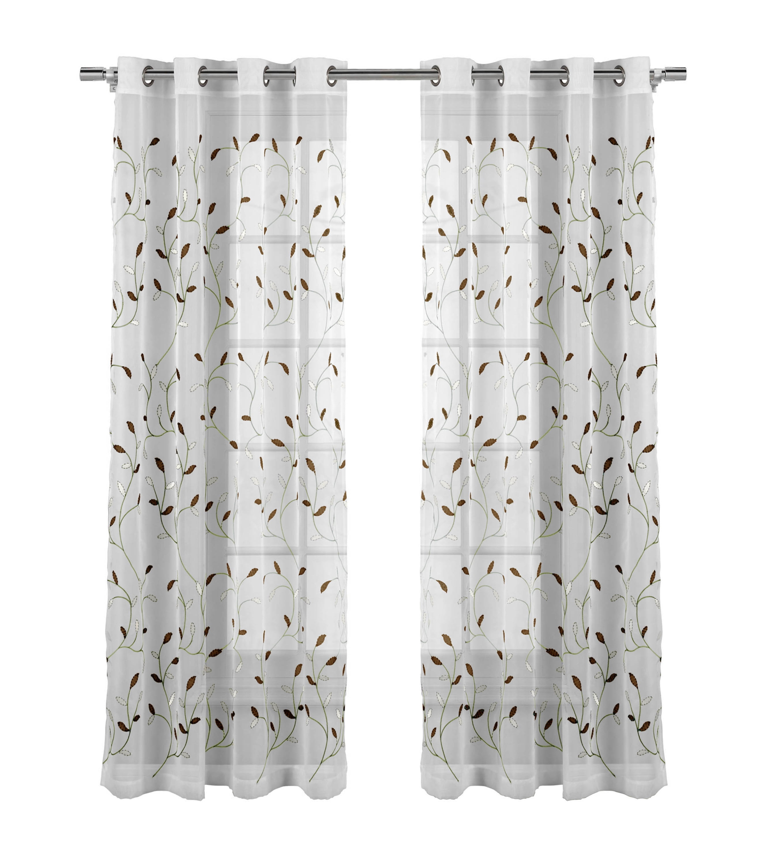 Grommet Curtain Panel, Embroidered Sheer Extra-Wide, Brown 54" x 84"