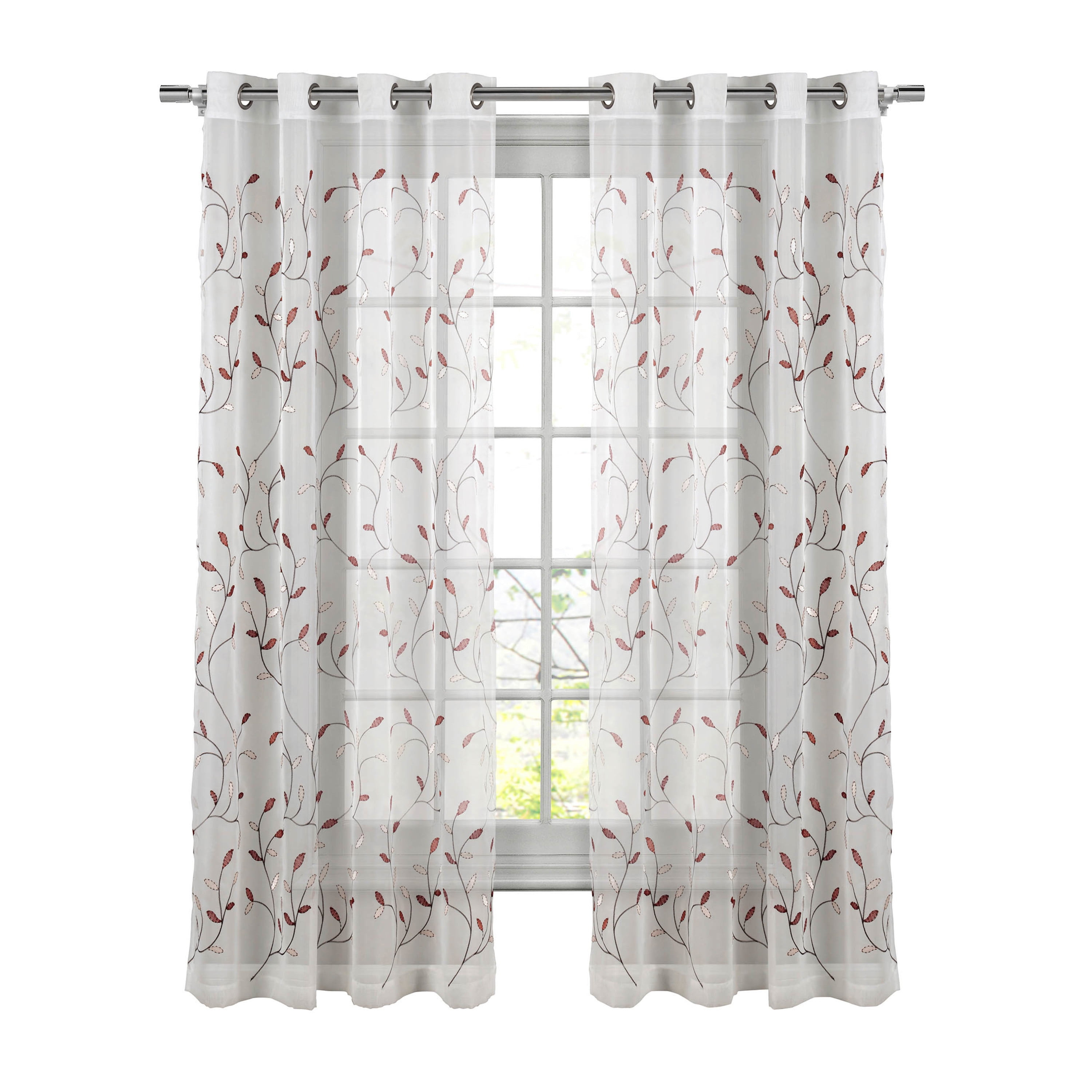 Grommet Curtain Panel, Embroidered Sheer Extra-Wide, Red 54" x 84"