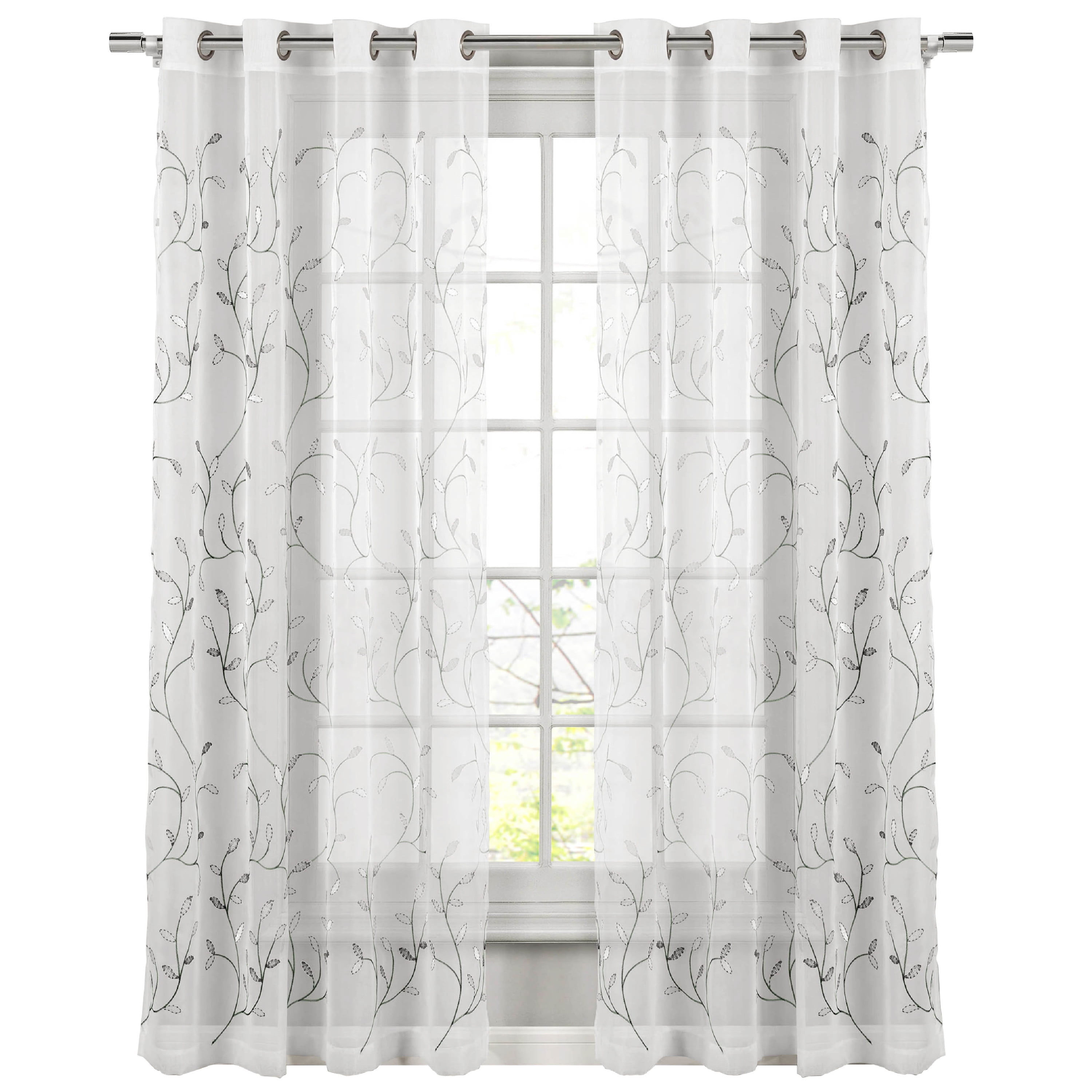 Grommet Curtain Panel, Embroidered Sheer Extra-Wide, Silver 54" x 84"