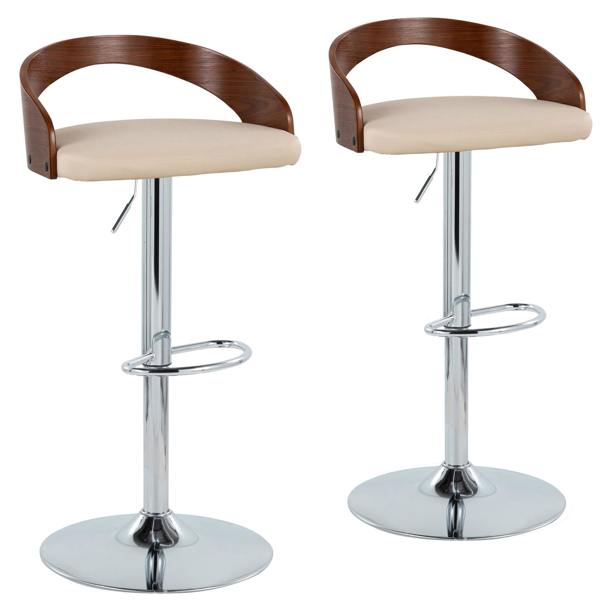 Grotto Mid-Century Modern Adjustable Height Barstool with Swivel in Chrome Metal, Walnut Wood and Cream Faux Leather with Oval Footrest by LumiSource - Set of 2