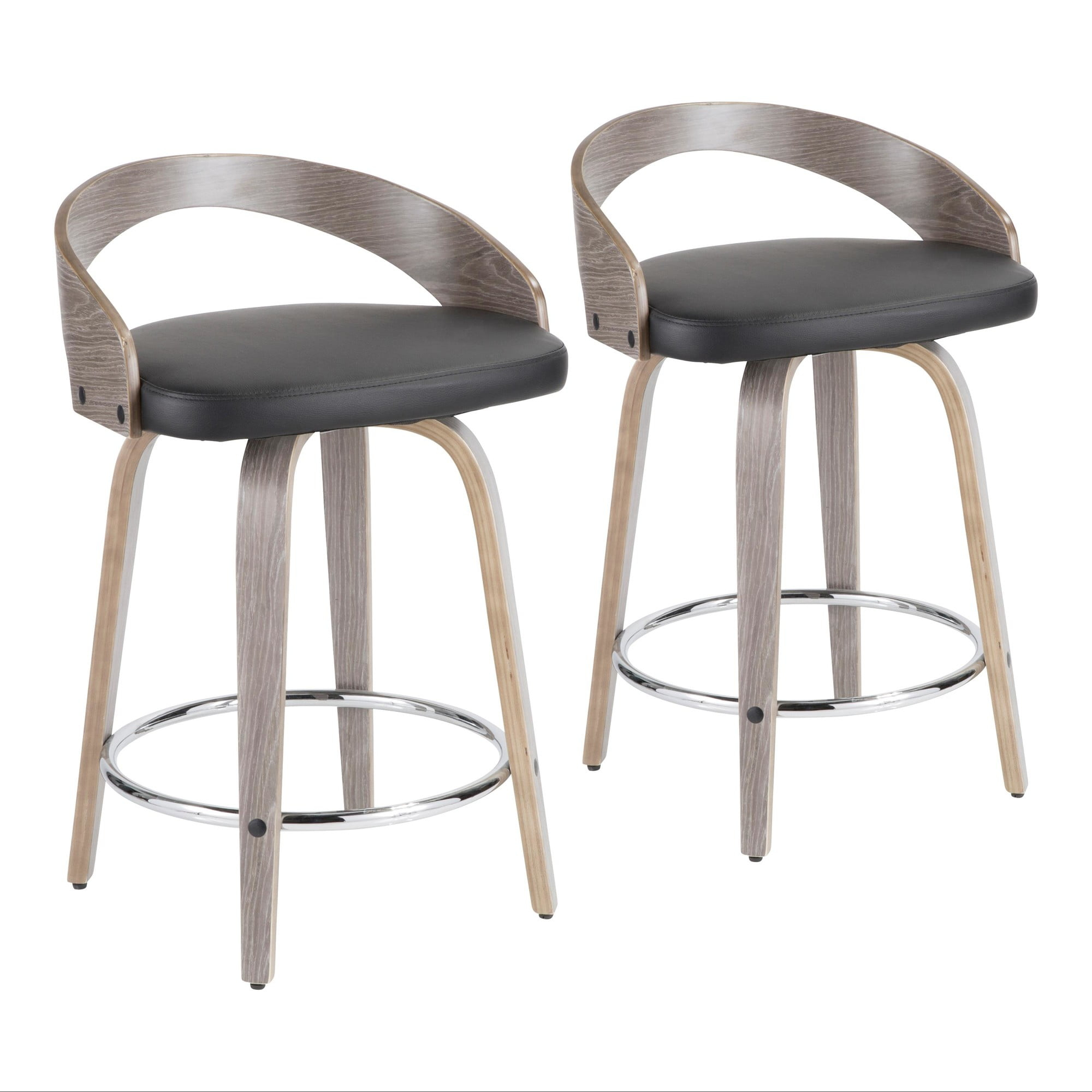 Grotto Mid-Century Modern Counter Stool with Light Grey Wood and Black Faux Leather by LumiSource - Set of 2