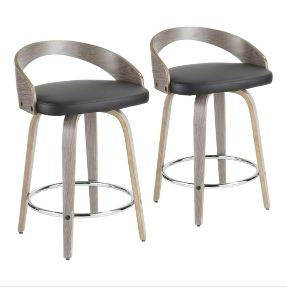 Grotto Mid-Century Modern Counter Stool with Light Grey Wood and Black Faux Leather by LumiSource - Set of 2