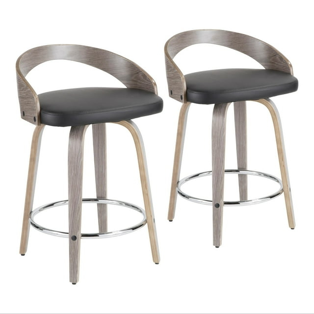 Grotto Mid-Century Modern Counter Stool with Light Grey Wood and Black Faux Leather by LumiSource - Set of 2