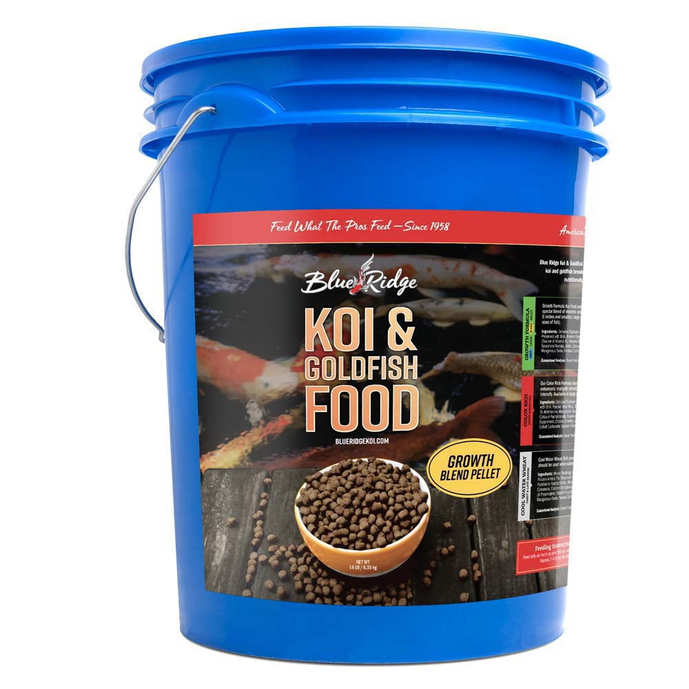 Blue Ridge Koi Fish Food 14lb - Koi Food 3/16” Large and Mini Blend Growth Formula, Goldfish Food, Premium Fish Food for Ponds, Ponds Fish Food, Floating Pond Pellets