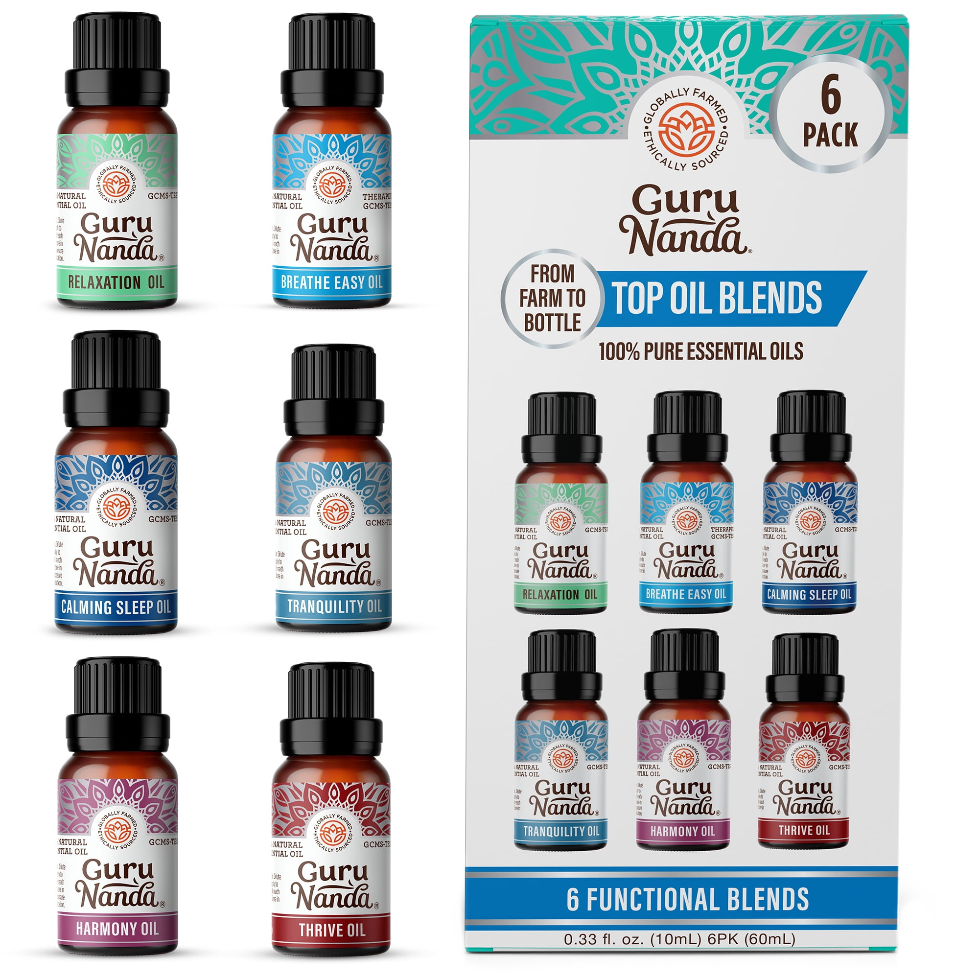 GuruNanda Essential Oil for Aromatherapy & Diffusers - Set of 6 Blended Scents Variety