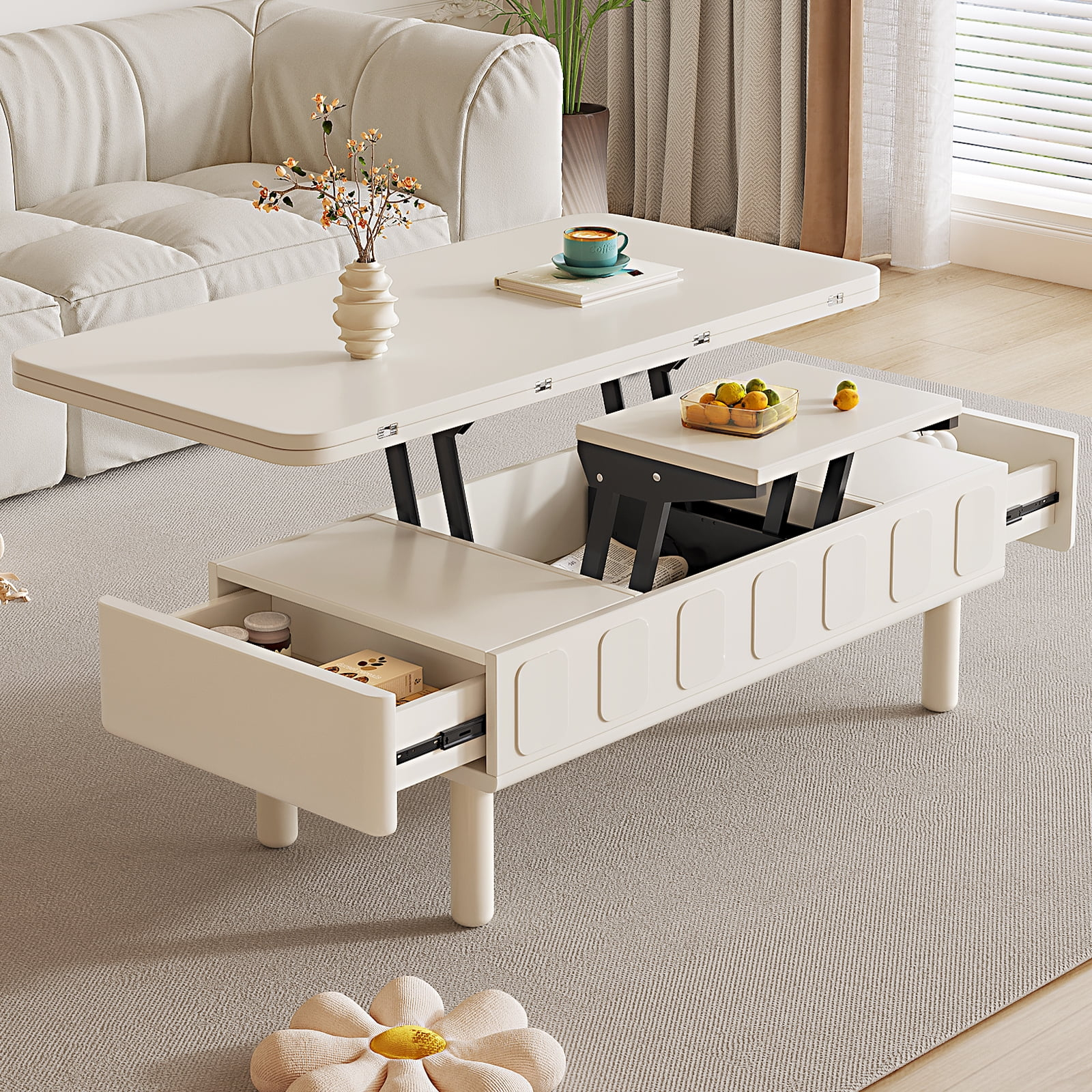 Guyii Extendable Coffee Table, 3-in-1 Lift Top Coffee Table with 2 Storage Drawers and Hidden Compartment for Living Room, Home, White