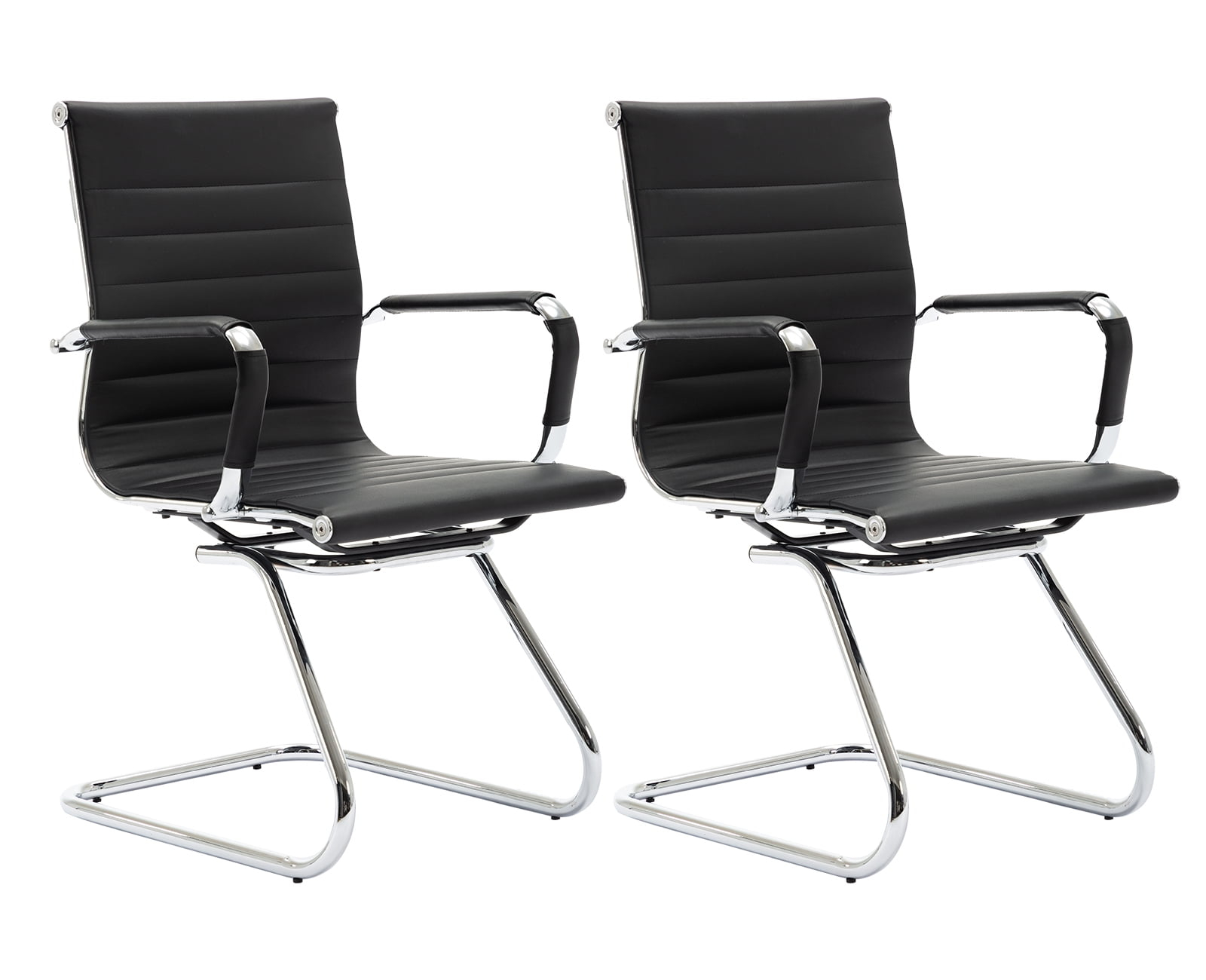 Guyou Modern Mid Back Office Guest Chair Set of 2, Faux Leather Reception Chair Computer Chair with Armrests and Metal Sled Base for Meeting/Waiting/Conference Room, No Wheels, Black