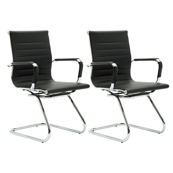 Guyou Juego de 2 Sillas Modernas para Invitados de Oficina con Respaldo Medio, Silla de Recepción de Cuero Sintético, Silla para Computadora con Reposabrazos y Base de Trineo de Metal para Reuniones/salón de Espera/conferencias, sin Ruedas, Negro