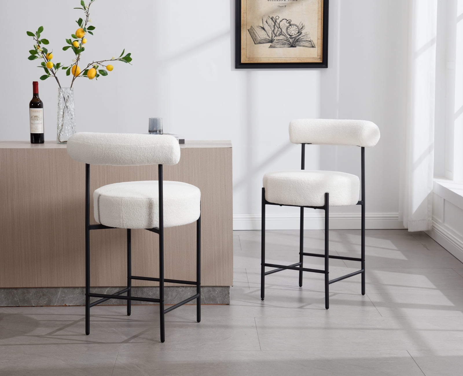 Modern Counter Height Bar Stools Set of 2, 26 Inch Faux Sherpa Upholstered Bar Stools with Back, 18" Seat Wide Island Stools with Black Metal Frame for Kitchen Counter/Breakfast Bar/Restaurant, White