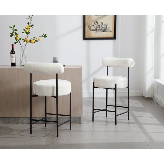 Modern Counter Height Bar Stools Set of 2, 26 Inch Faux Sherpa Upholstered Bar Stools with Back, 18" Seat Wide Island Stools with Black Metal Frame for Kitchen Counter/Breakfast Bar/Restaurant, White