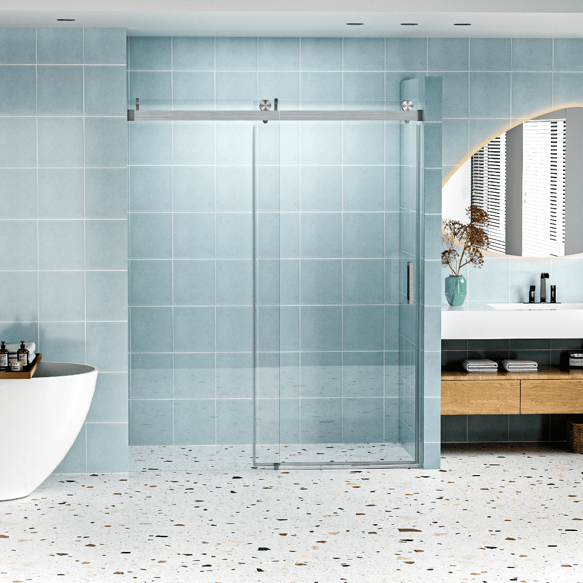 Gxcevsou 56-60“ *76” Frameless Soft Close Shower Door, 1/4” (6 mm) Tempered Glass Single Slide with Explosion Proof Coating, Reversible Installation