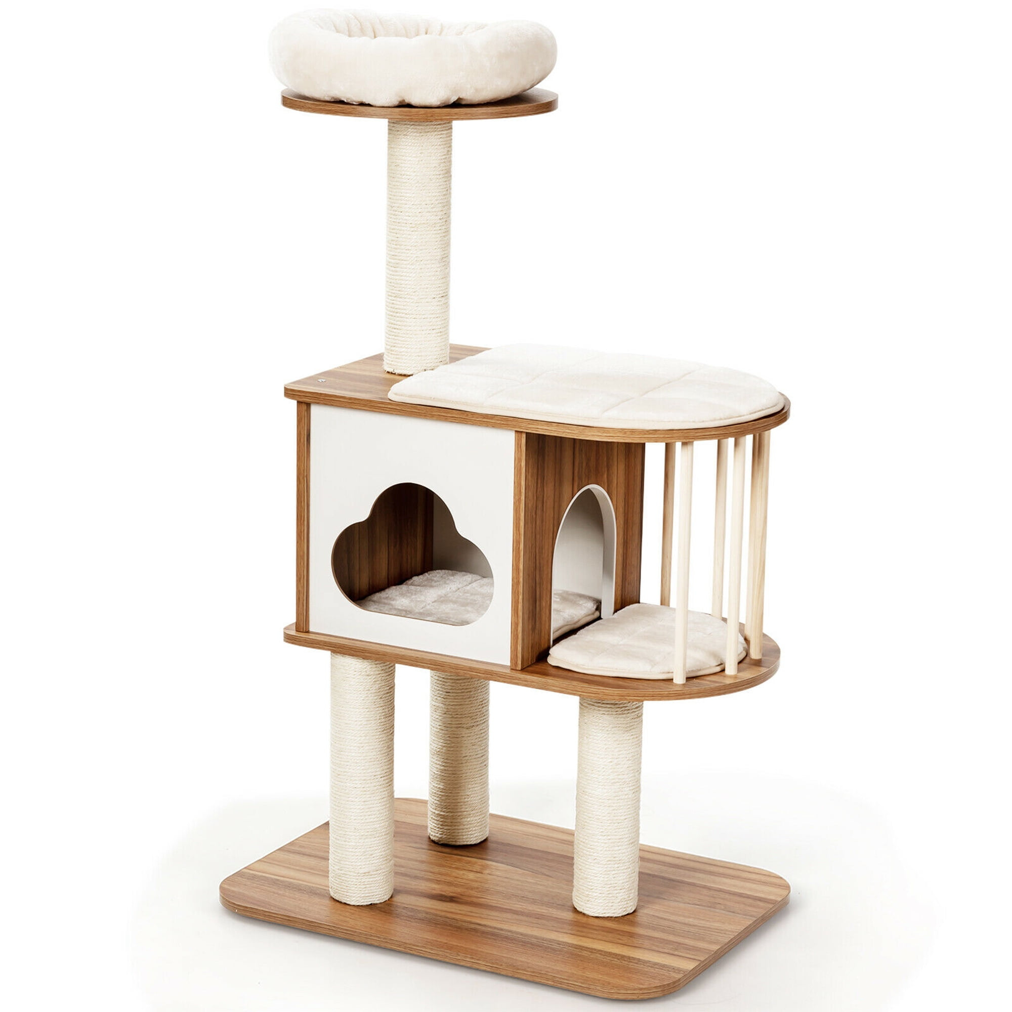 Gymax 46'' Modern Wooden Cat Tree with Platform & Washable Cushions for Cats & Kittens