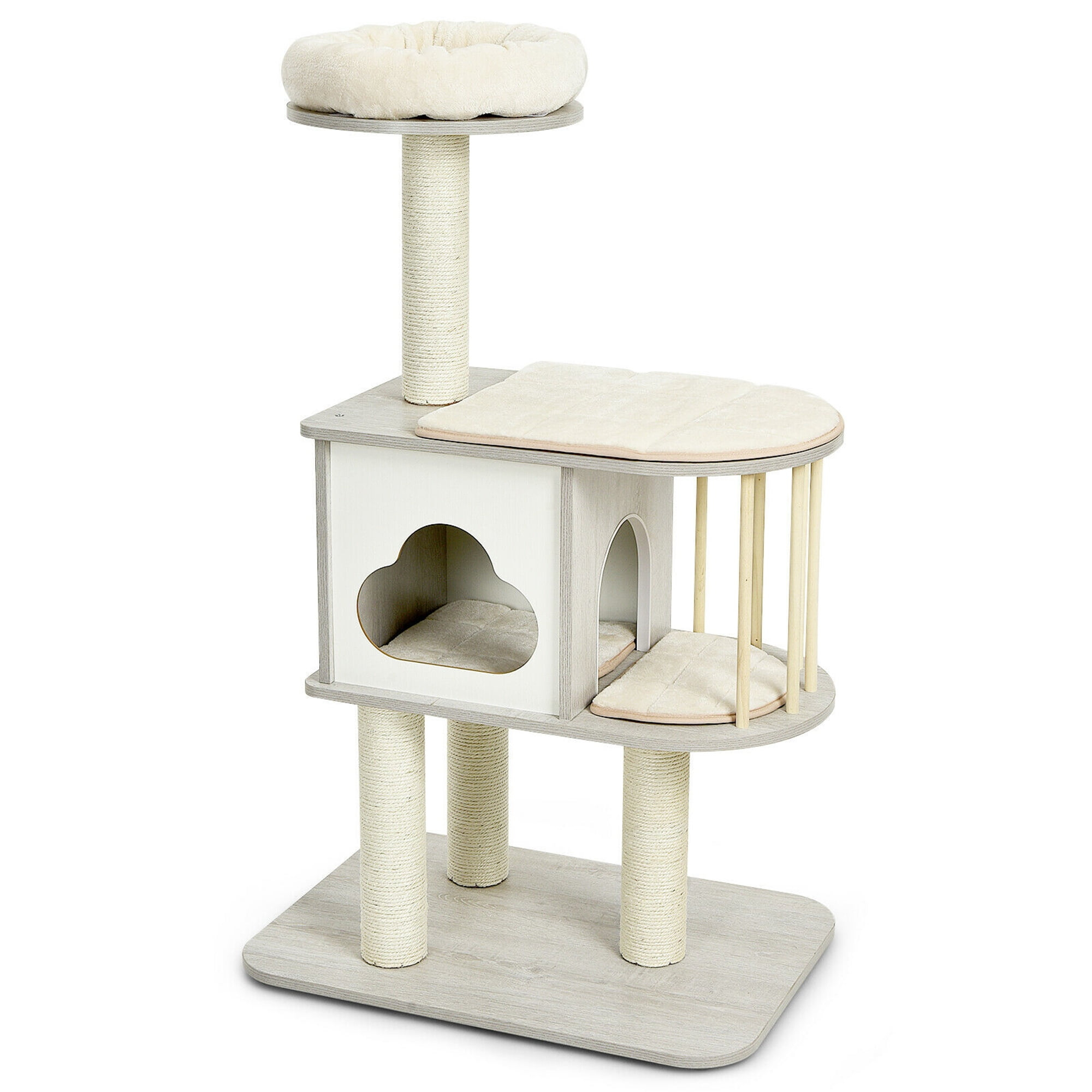 46'' Light Gray Wooden Cat Tree with Sisal Posts and Cushions