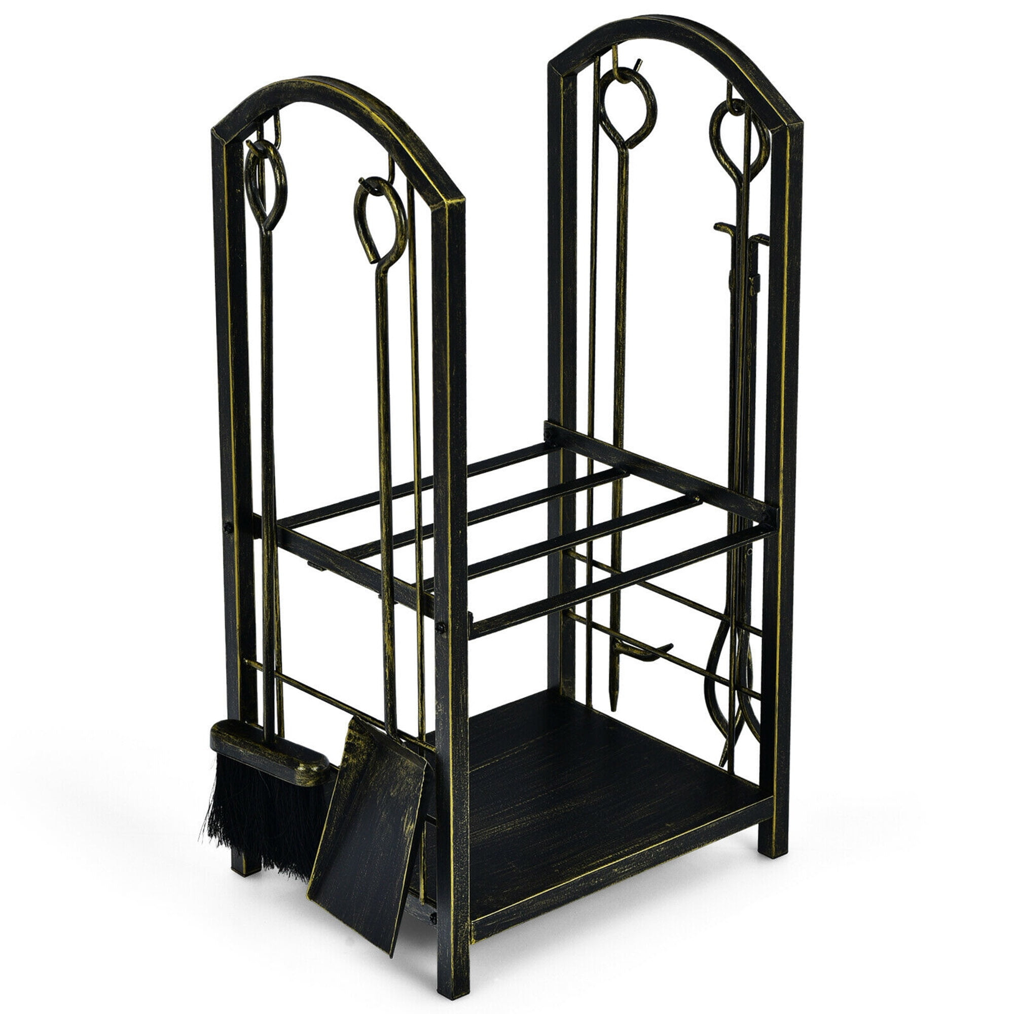 Kadyn Fire Wood Storage Racks, Firewood Holder,Firewood Frame,Firewood Shelf,Fireplace Log Rack with 4 Pieces Fireplace Tools-Bronze