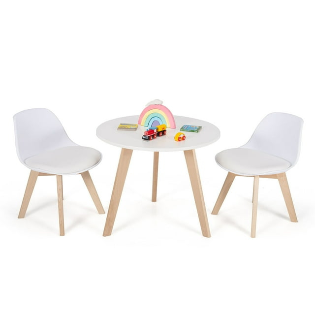Spaco Modern Kids Activity Play Table and 2 Chairs Set with Beech Leg Cushion-White, Toddler Table and Chair Set for Arts & Crafts, Snack Time, Homeschooling, Homework