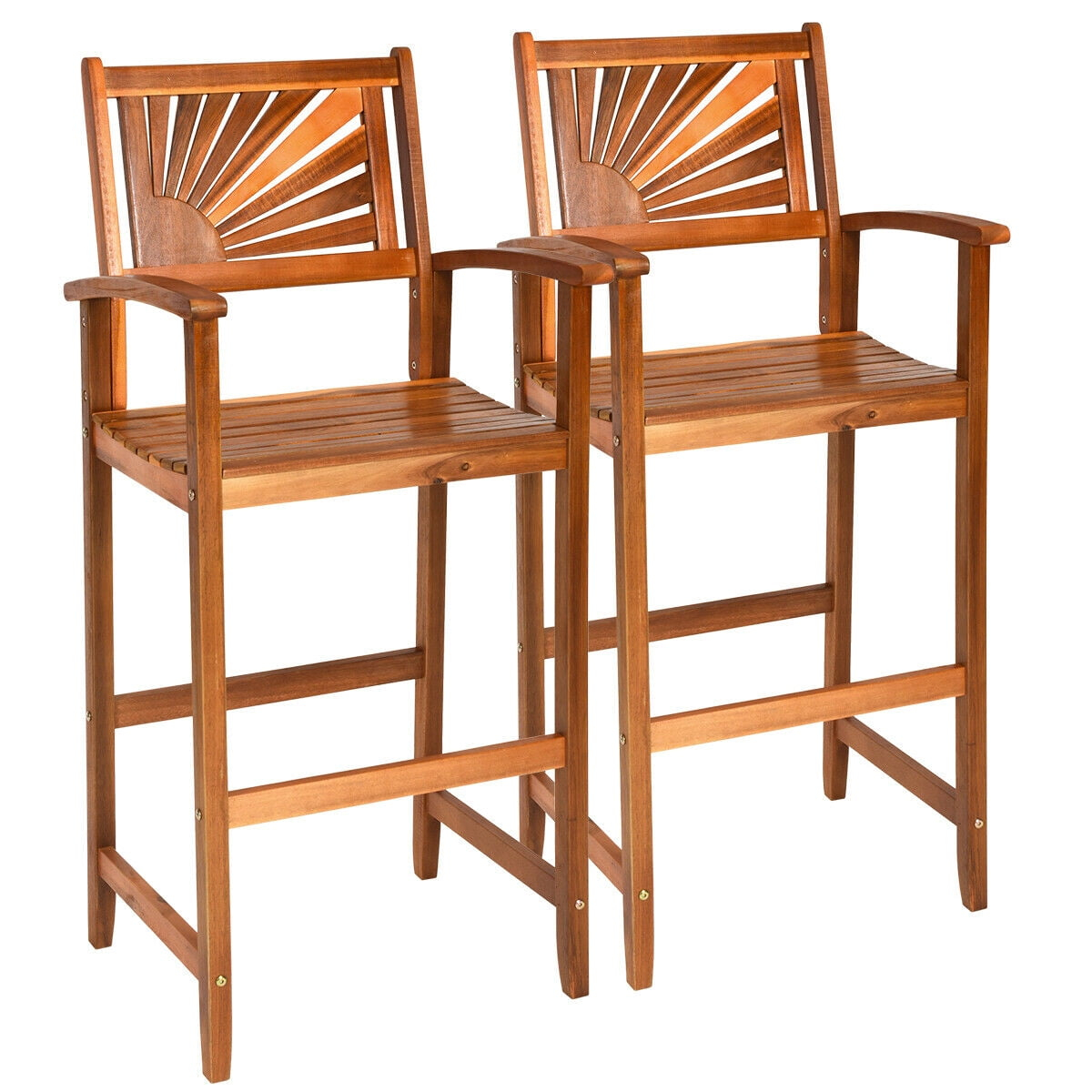 Topbuy Acacia Wood Outdoor Bar Stools with Footrest and Backrest - Set of 2, Reddish Brown
