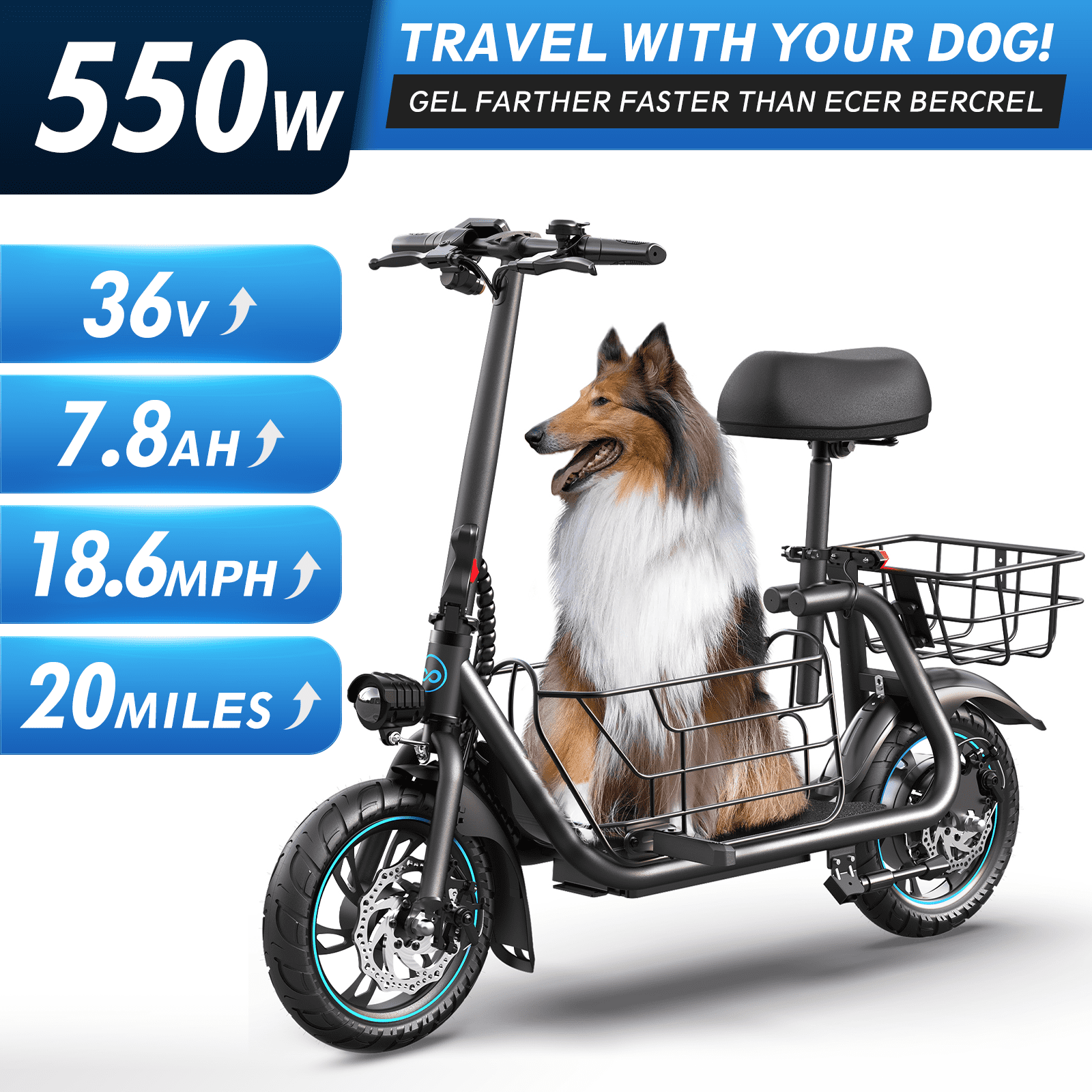 GYROOR Electric Scooter with Seat for Pets and Adults, 550W Powerful Motor 20miles Distance Max 18.6MPH Speed Spacious Storage Space LED Display, C1S