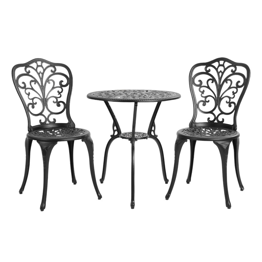 Black Cast Aluminum 3-Piece Bistro Set with Round Table and Armless Chairs