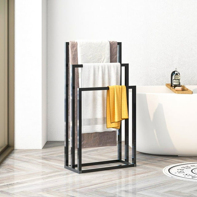 Gzxs 3-Tier Metal Towel Rack Modern Freestanding Towel Rack, Bathroom Metal Storage Towel Rack, Black