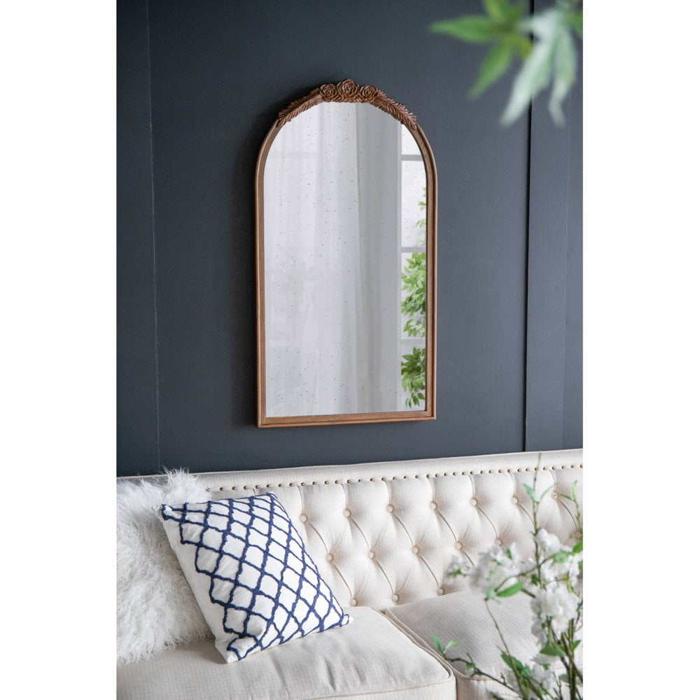 Gzxs Brown Arched Wall Mirror, 23"x42" Carved Elegant Farmhouse Bathroom Mirror with Ornate Frame, Baroque Inspired Home Decor for Vanity Bedroom Entryway