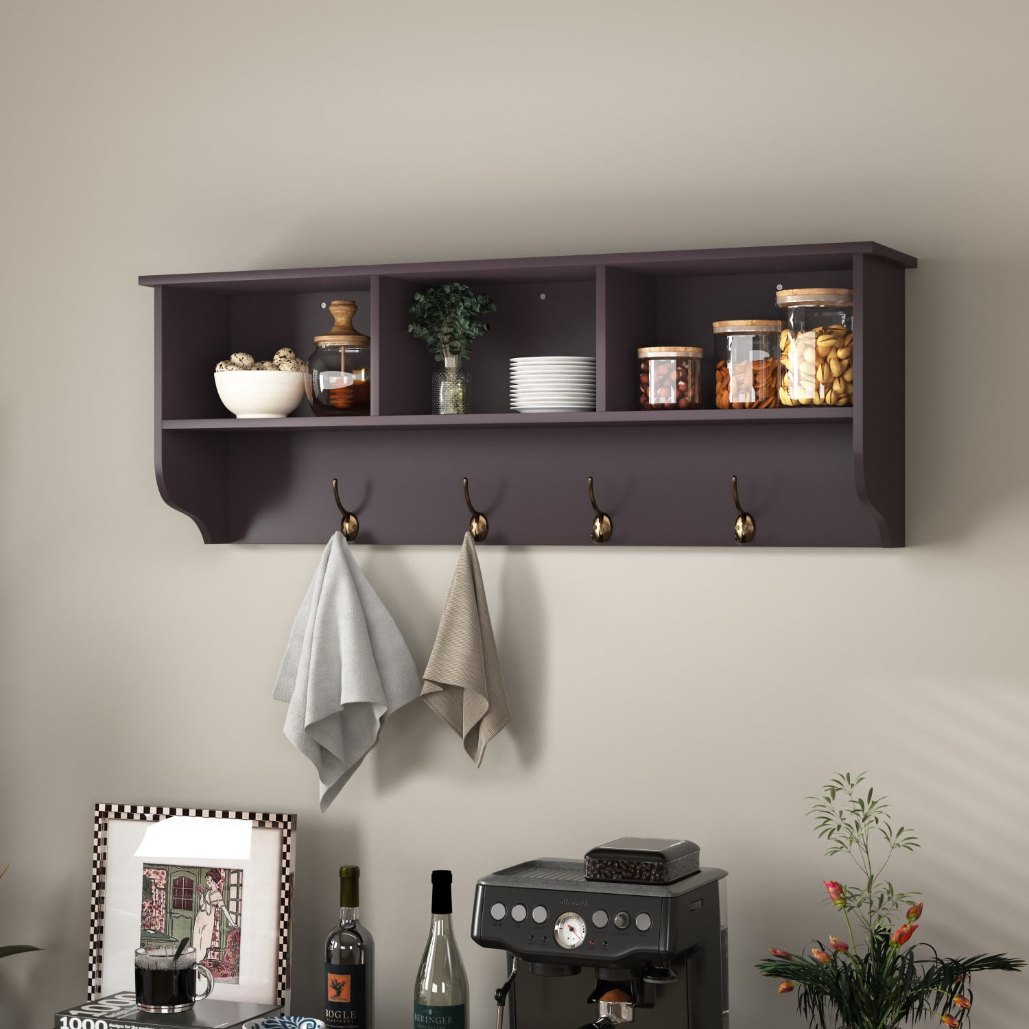 Gzxs Entryway Wood Coat Rack with 4 Hooks Modern Wall Mounted Storage Shelf , Espresso