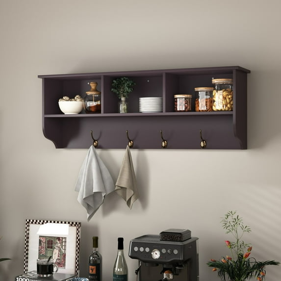Gzxs Entryway Wood Coat Rack with 4 Hooks Modern Wall Mounted Storage Shelf , Espresso
