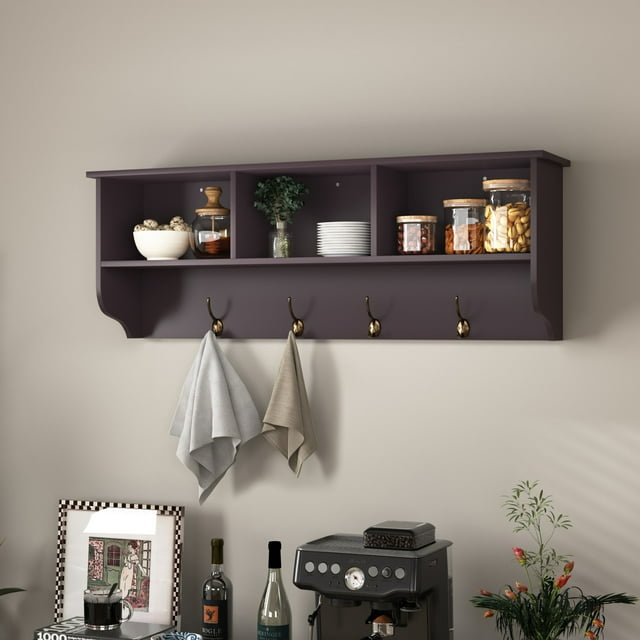 Gzxs Entryway Wood Coat Rack with 4 Hooks Modern Wall Mounted Storage Shelf , Espresso
