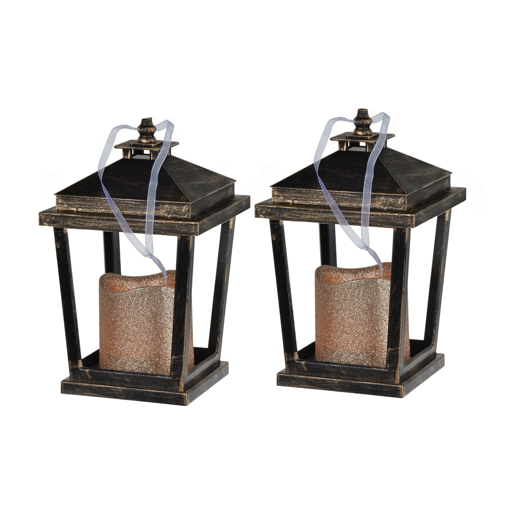 Gzxs Outdoor Lanterns with LED Pillar Candle, 8.9 Inch, 2 Pack, Hanging Decorative Candle Lamp Holder for Porch, Floor or Patio Home Decor (Antique Bronze)