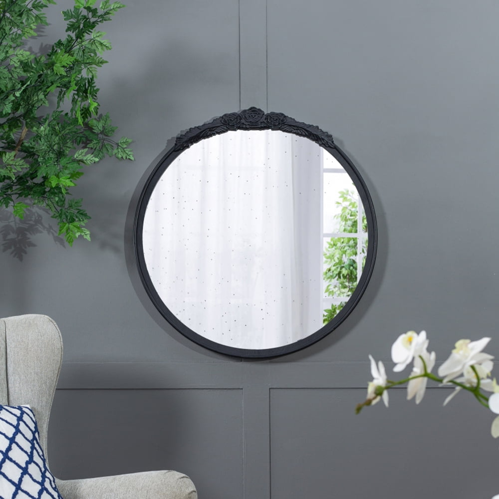 Gzxs Round Mirror, 30" Baroque Style Circle Mirror Vintage Black Wood Frame Wall Mirrors for Vanity, Bathroom or Bedroom