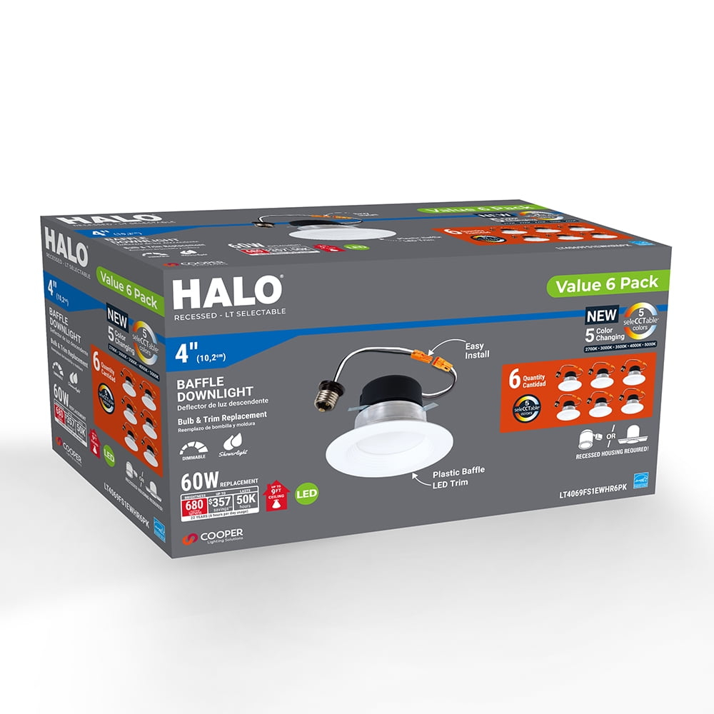 HALO LT 4 in. LED Recessed Light Retrofit with Baffle Trim, Selectable 5CCT, IC Rated, Dimmable, White, 6-Pack