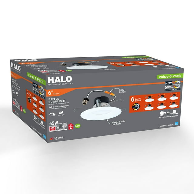 HALO LT 5/6 in. LED Recessed Light Retrofit with Baffle Trim, Selectable 5CCT, IC Rated, Dimmable, White, 6-Pack