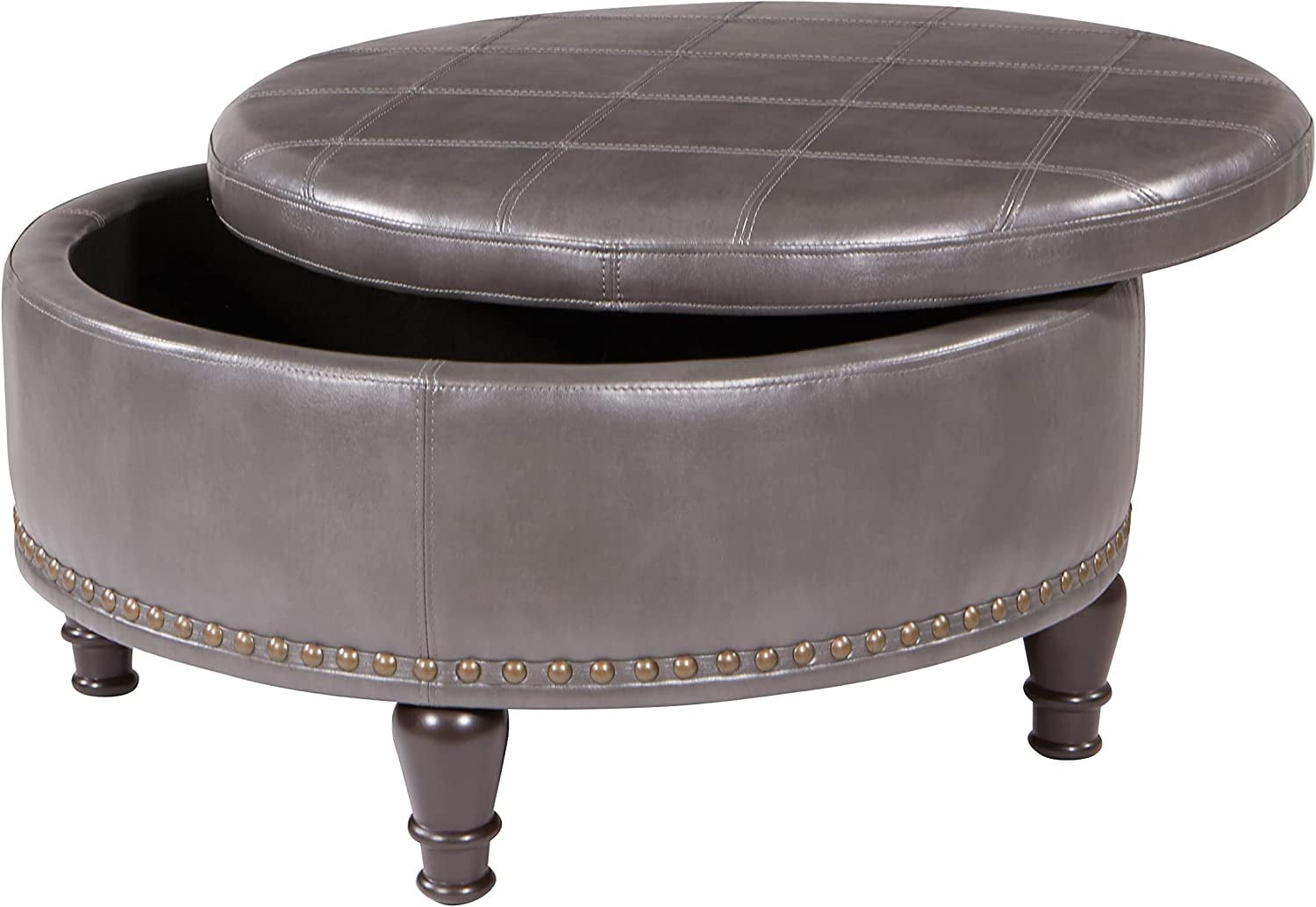 OSP Home Furnishings Augusta Round Storage Ottoman in Pewter Bonded Leather with decorative nailheads