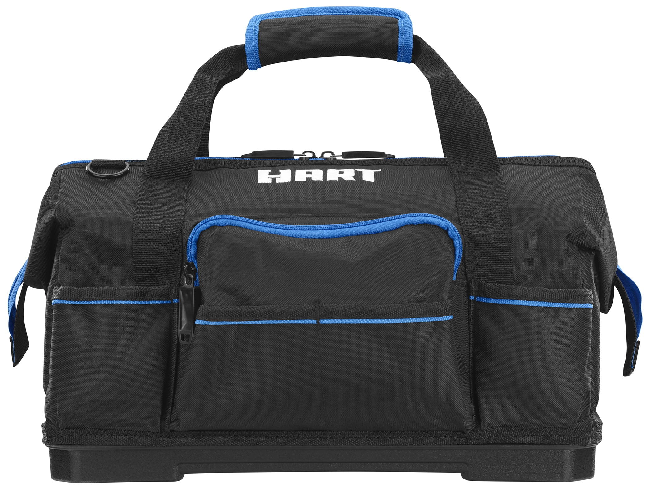 HART 16-inch Hard Bottom Tool Bag, Waterproof Base, Black and Blue