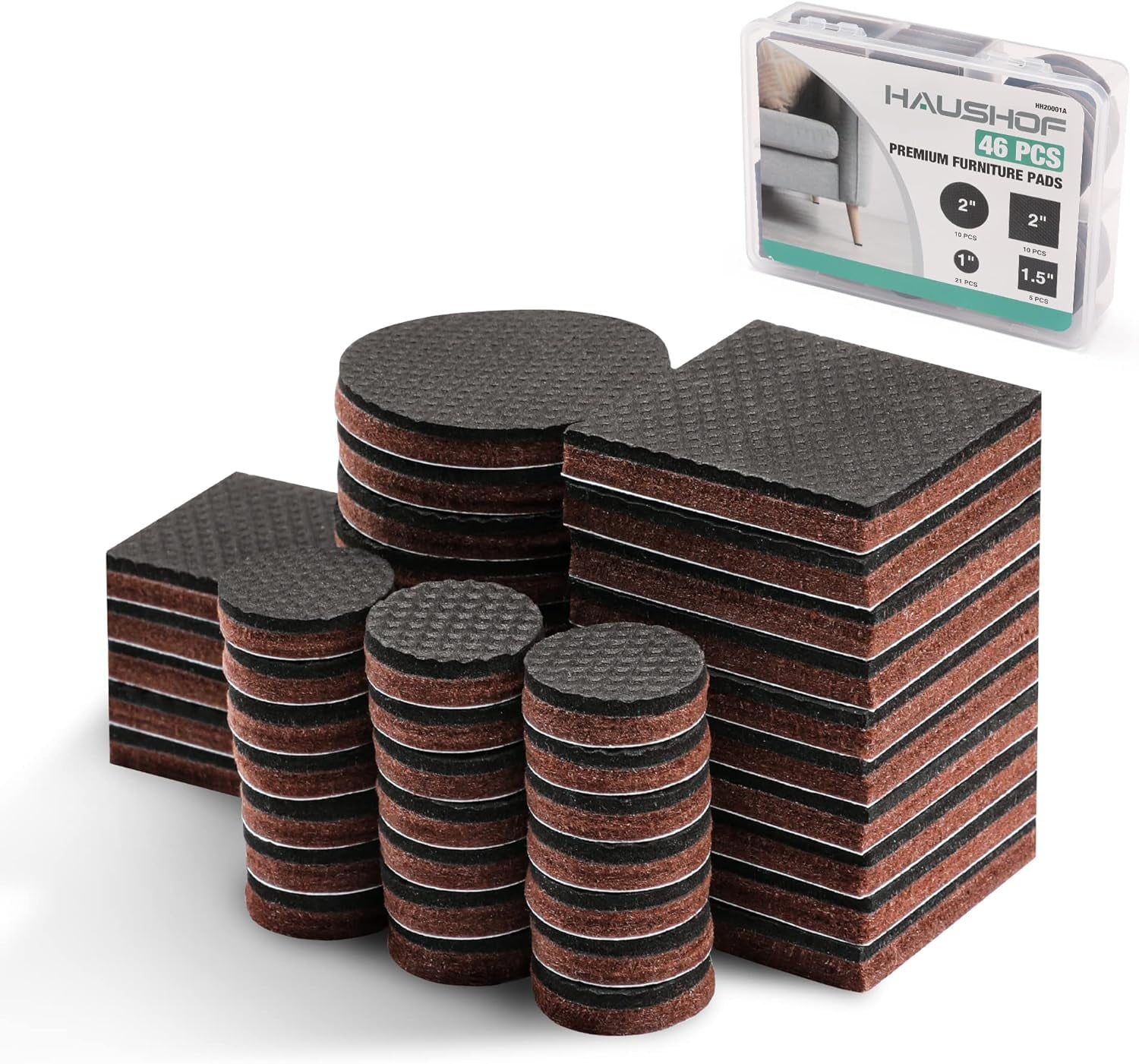 HAUSHOF 46-Piece Felt Furniture Pads, No Slip Furniture Pads Floor Protectors for Hardwood & Laminate Floors, Includes 2''(20pcs), 1.5''(5pcs), 1''(21pcs), Self-Adhesive, Anti-Scratch, Brown