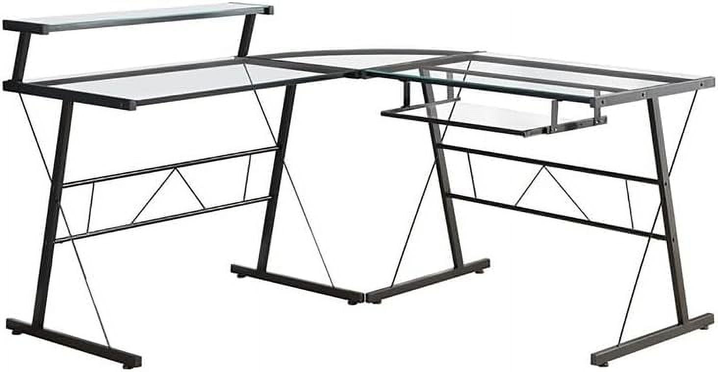 Monarch Specialties Computer Desk Home Office Corner L Shape Work Laptop Metal Tempered Glass Black Clear Contemporary Modern