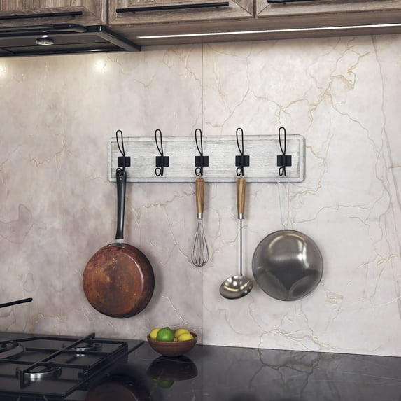 HBCY Creations Rustic Coat Rack with 5 Hooks - White Wash Wall Mount 24" Coat Rack - Solid Pine Wood Entryway Hanger - Farmhouse Coat Rack for Kitchen, Bedroom