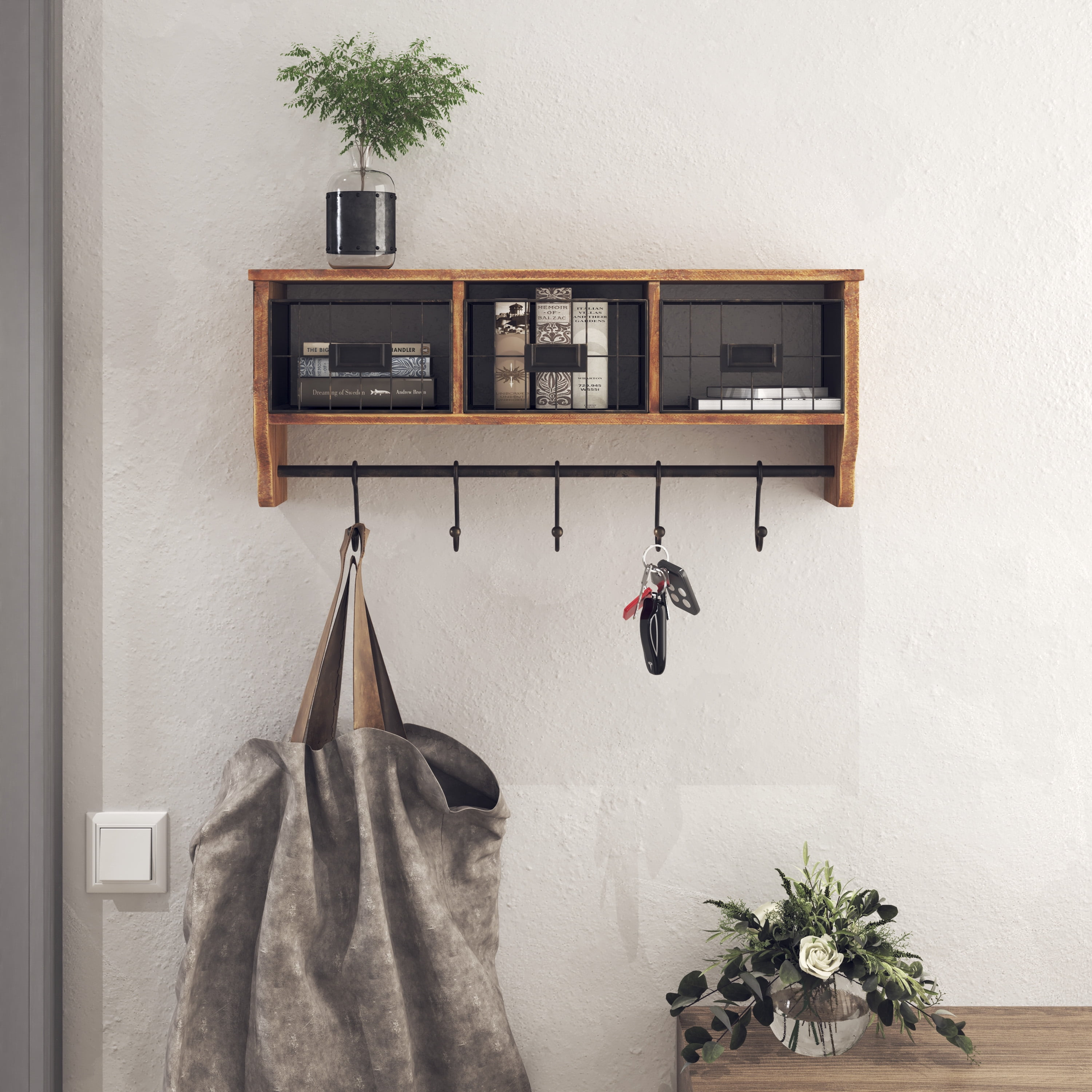 BizChair Rustic Coat Rack Wall Mounted Shelf with Hooks & Baskets, Entryway Organizer Wall Shelf with 5 Coat Hooks and Cubbies, (Rustic Brown, 24 Inch)