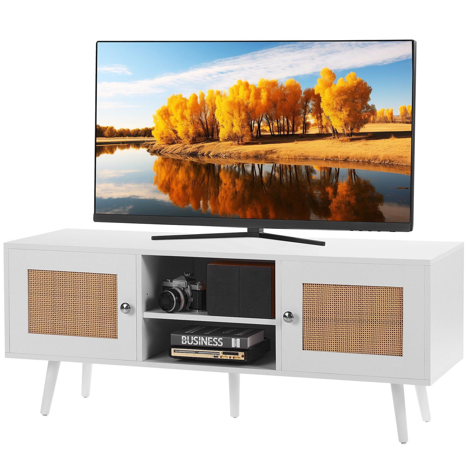 VEVOR Rattan Mid Century Modern TV Stand, Boho TV Console for 55 inch TV, White