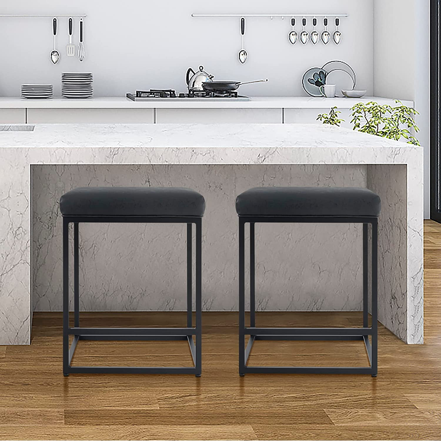 Lorelia Set of 2 Black 24 Inch Backless Counter Bar Stools Faux Leather Seat for Kitchen